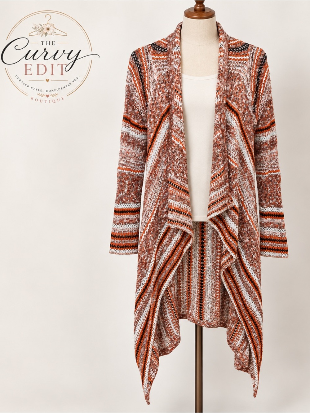Mossimo Waterfall Duster Cardigan M Rust Cream Open Knit Western Boho